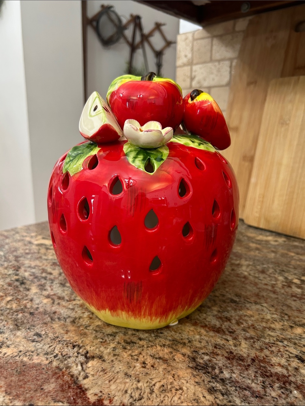 Decorative Ceramic Strawberry Lantern in Red with Green Accents